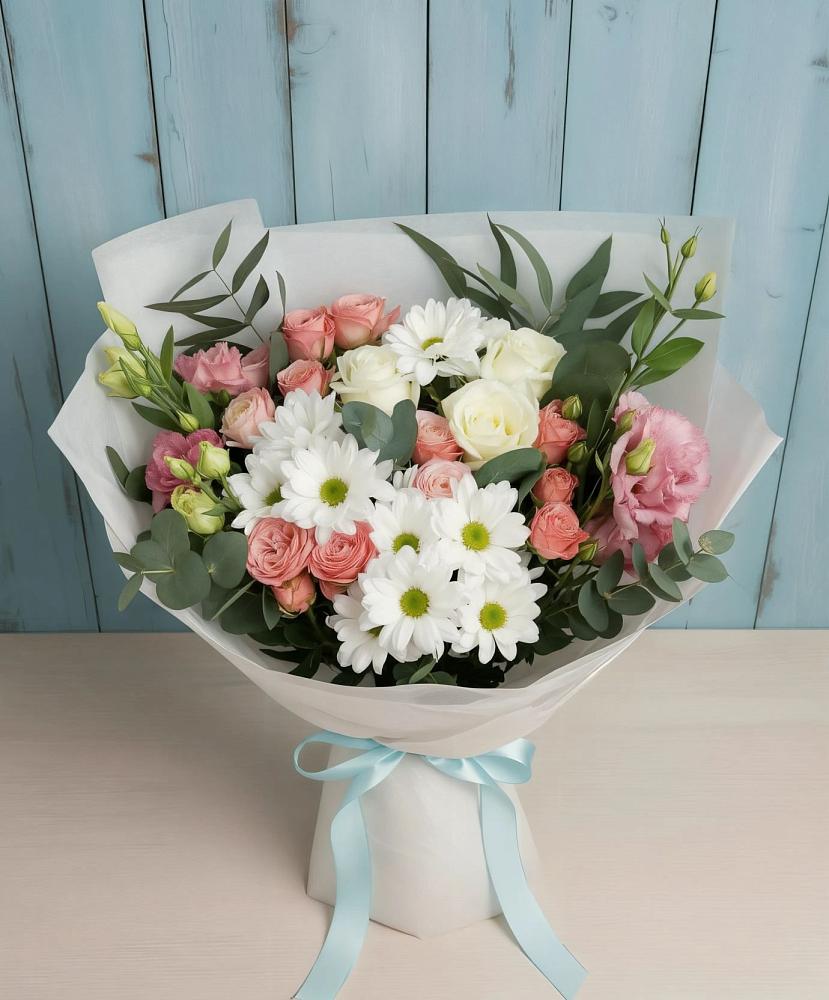 Букет цветов из: Розы, Лизиантусы и Хризантемы в Мальчевской
