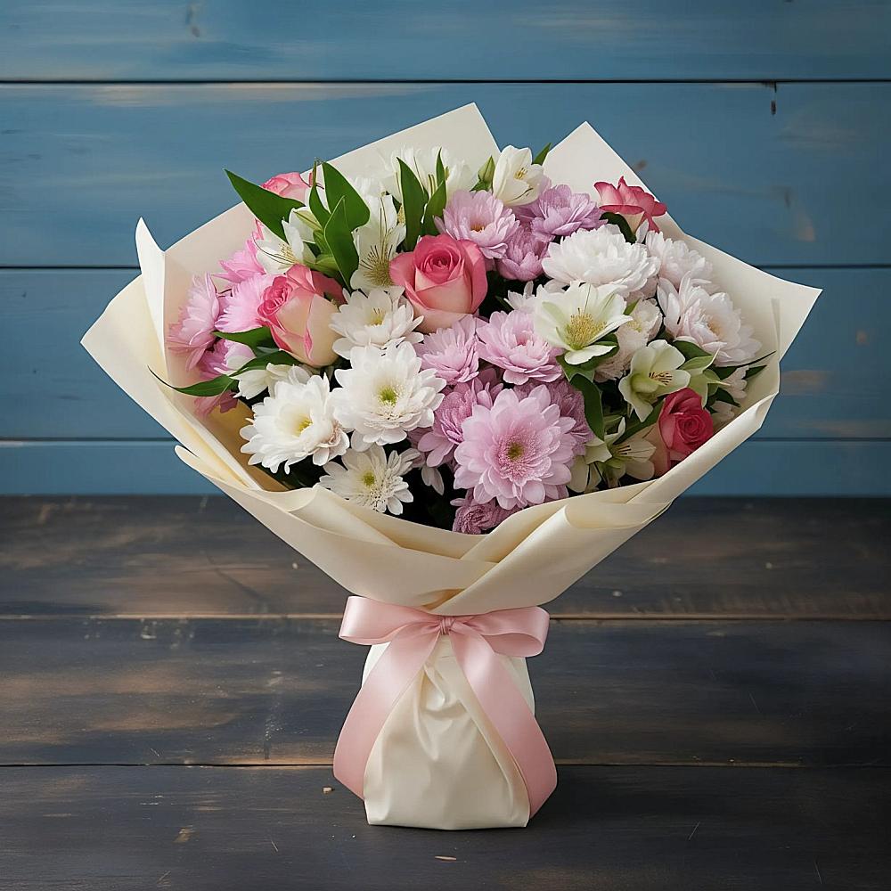 Букет цветов из: Хризантемы, Альстромерии и Розы в Мальчевской